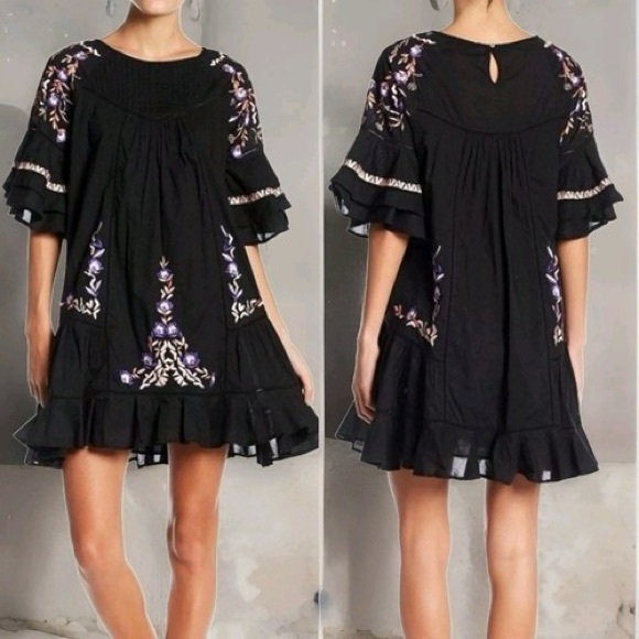 Free People Embroidered Boho Mini Dress Black Floral Cotton Peasant Size Small - Picture 1 of 6